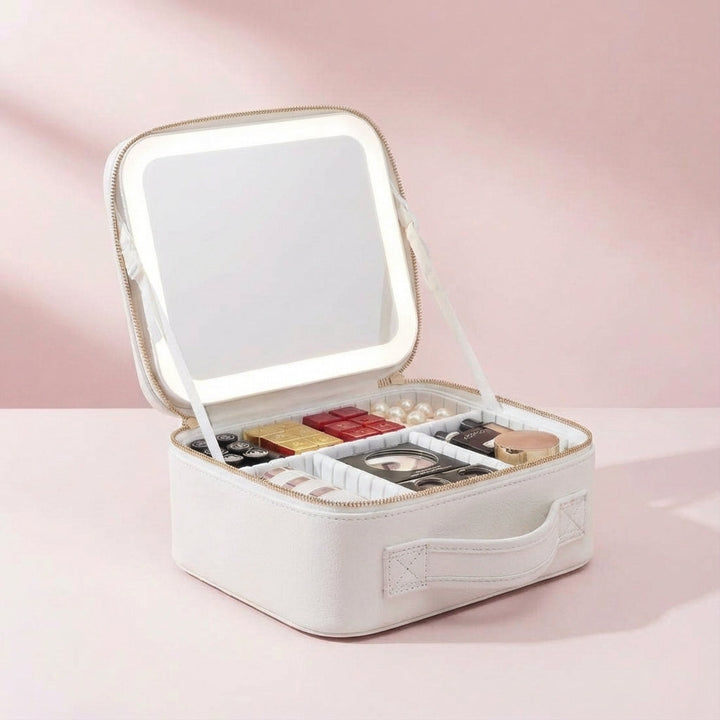 Veelzijdige beauty organizer met ingebouwde LED spiegel, perfect voor make-up liefhebbers thuis en op reis.