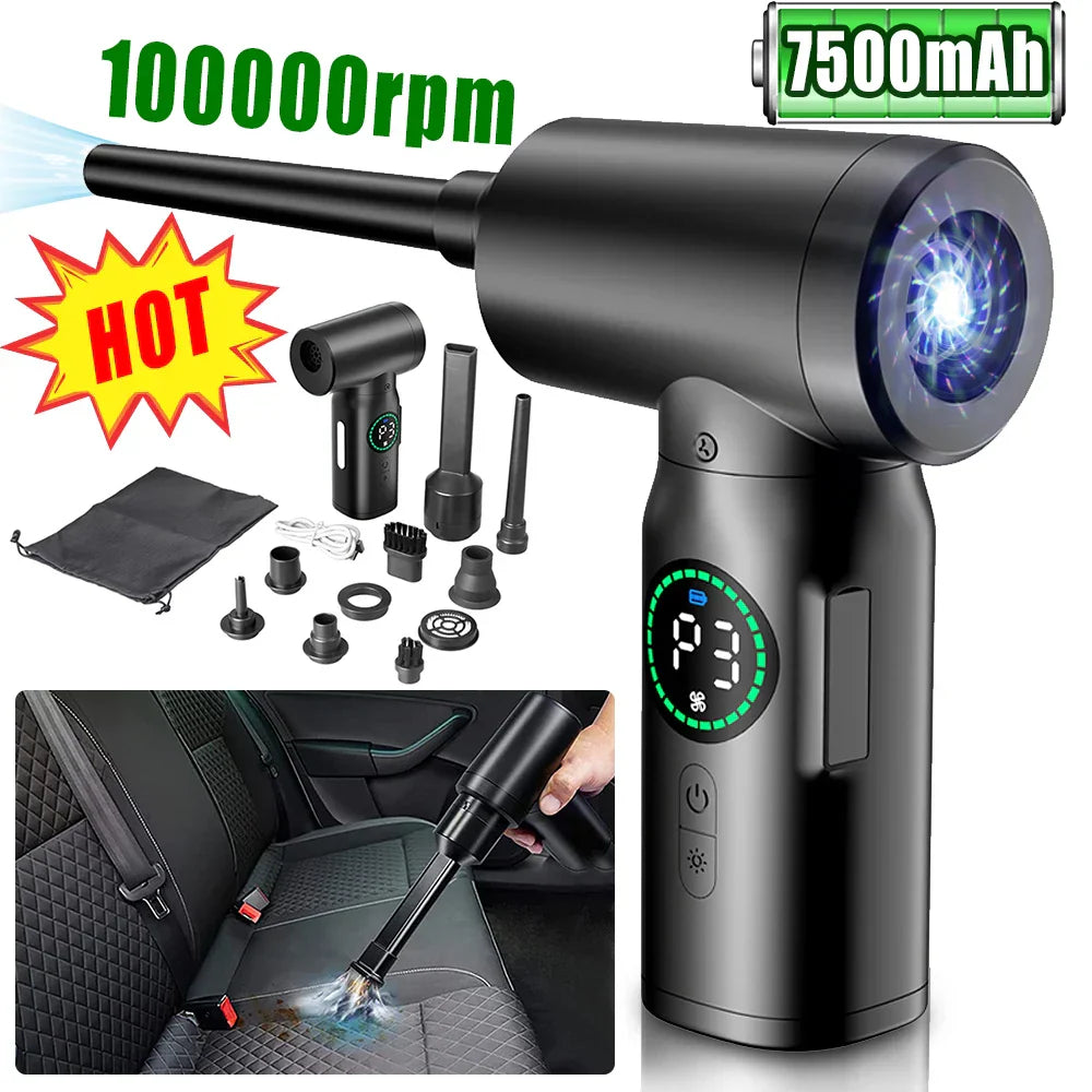 Draagbare AirMaster 2-in-1 persluchtstofzuiger en blazer met LED-licht voor veelzijdige reiniging.