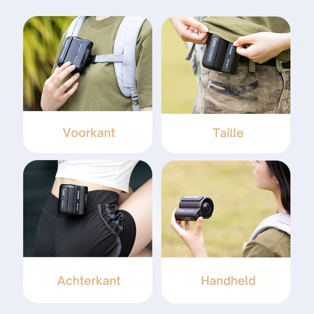 Zomer accessoire: clip ventilator voor riem, rugzak of kleding. Blijf koel tijdens buitenactiviteiten.