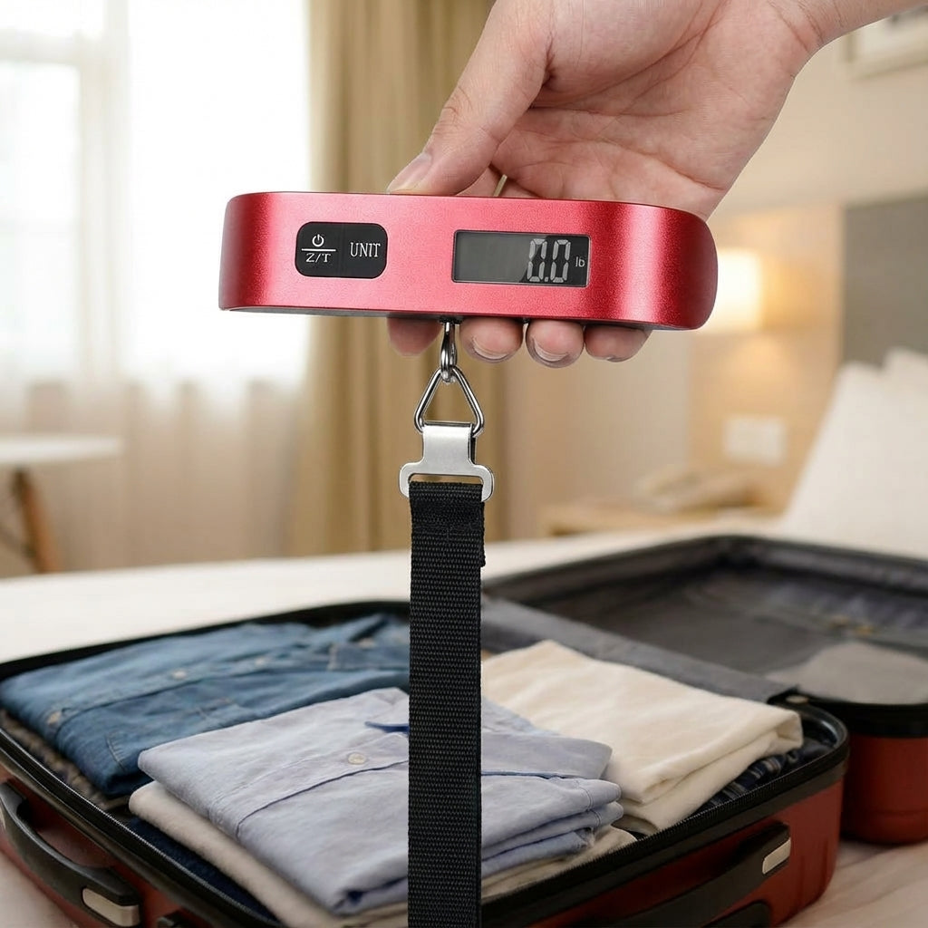 Draagbare digitale bagageweegschaal TravelWeigh voor nauwkeurig wegen van koffers en tassen.