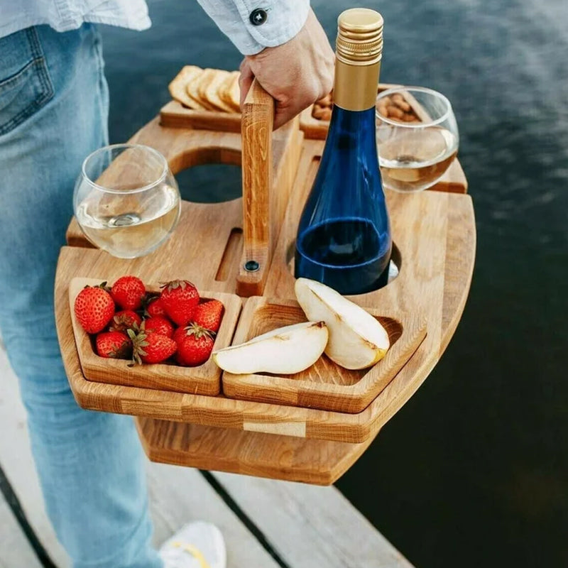 Multifunctionele houten picknicktafel, draagbaar. Geschikt voor wijn en snacks, overal mee naartoe.