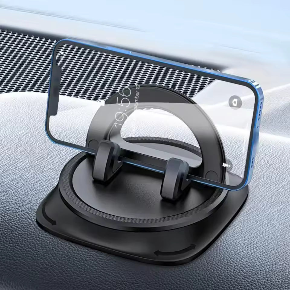 Smartphonehouder gemonteerd op dashboard, draaibaar voor perfecte kijkhoek. Veilig rijden met navigatie.
