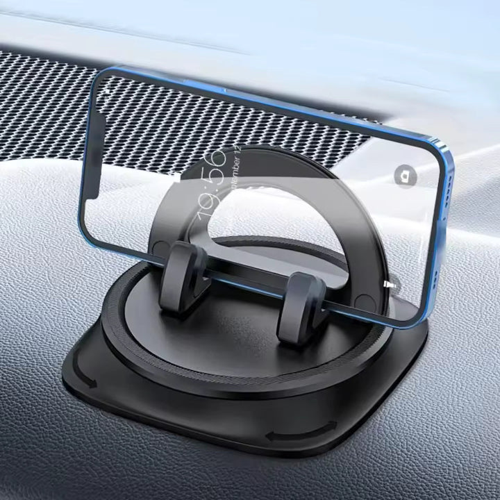 Smartphonehouder gemonteerd op dashboard, draaibaar voor perfecte kijkhoek. Veilig rijden met navigatie.