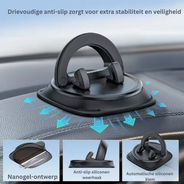Universele telefoonhouder voor auto, elegant zwart design, 360 graden draaibaar voor alle smartphones.
