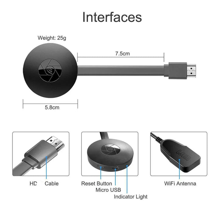Draadloze TV-stick, compact, streamt in 1080P van pc of smartphone naar groot scherm, ideaal voor reizen.