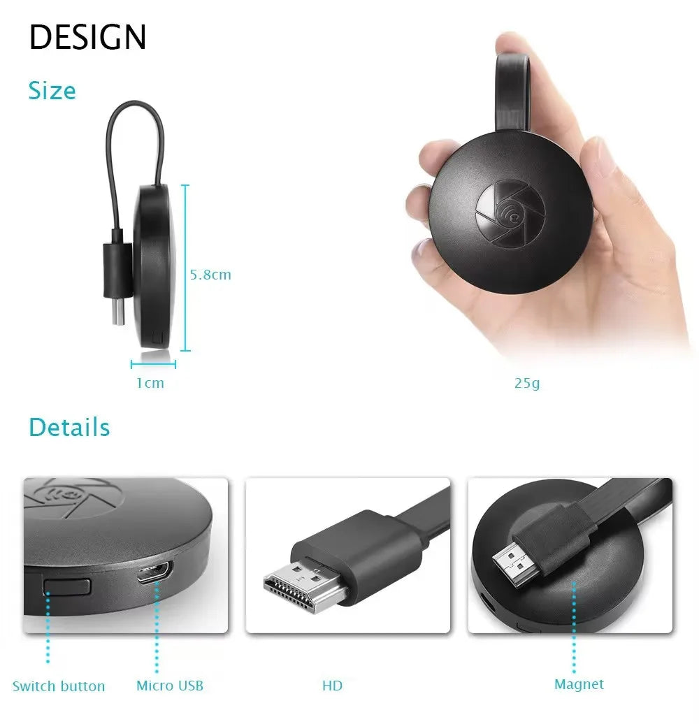 Draadloze TV-stick, compact, streamt in 1080P van pc of smartphone naar groot scherm, ideaal voor reizen.