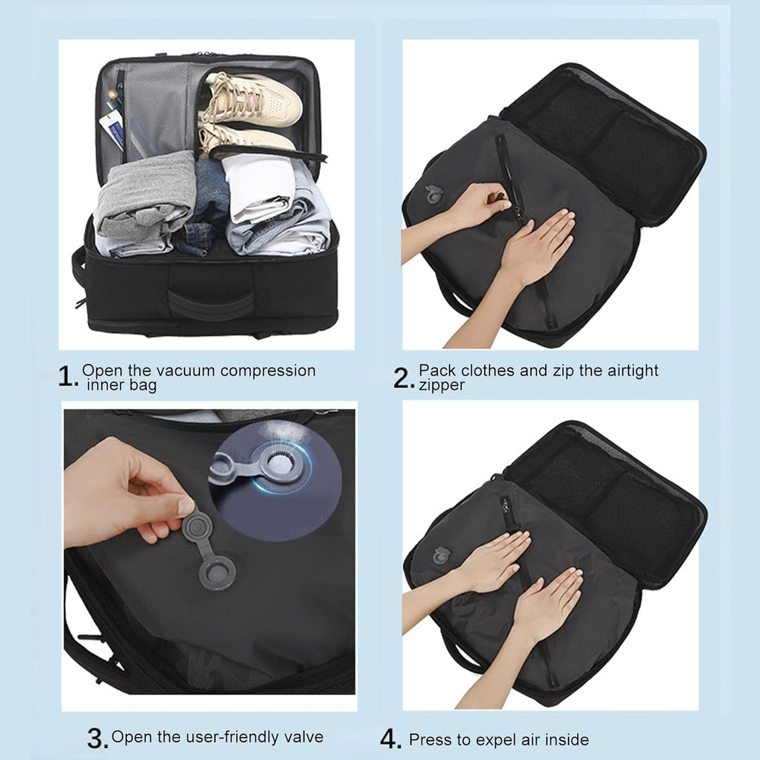 Vacuümrugzak met pomp voor stressvrij reizen. Comprimeer je kleding; geniet van extra opbergruimte.