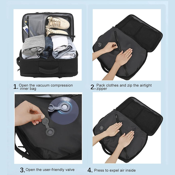 Vacuümrugzak met pomp voor stressvrij reizen. Comprimeer je kleding; geniet van extra opbergruimte.