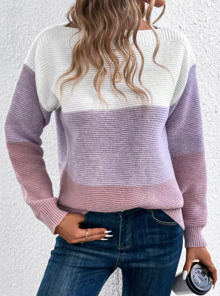 Dames driekleurige patchwork trui, elegant design, comfortabel en modieus, perfect voor de lente