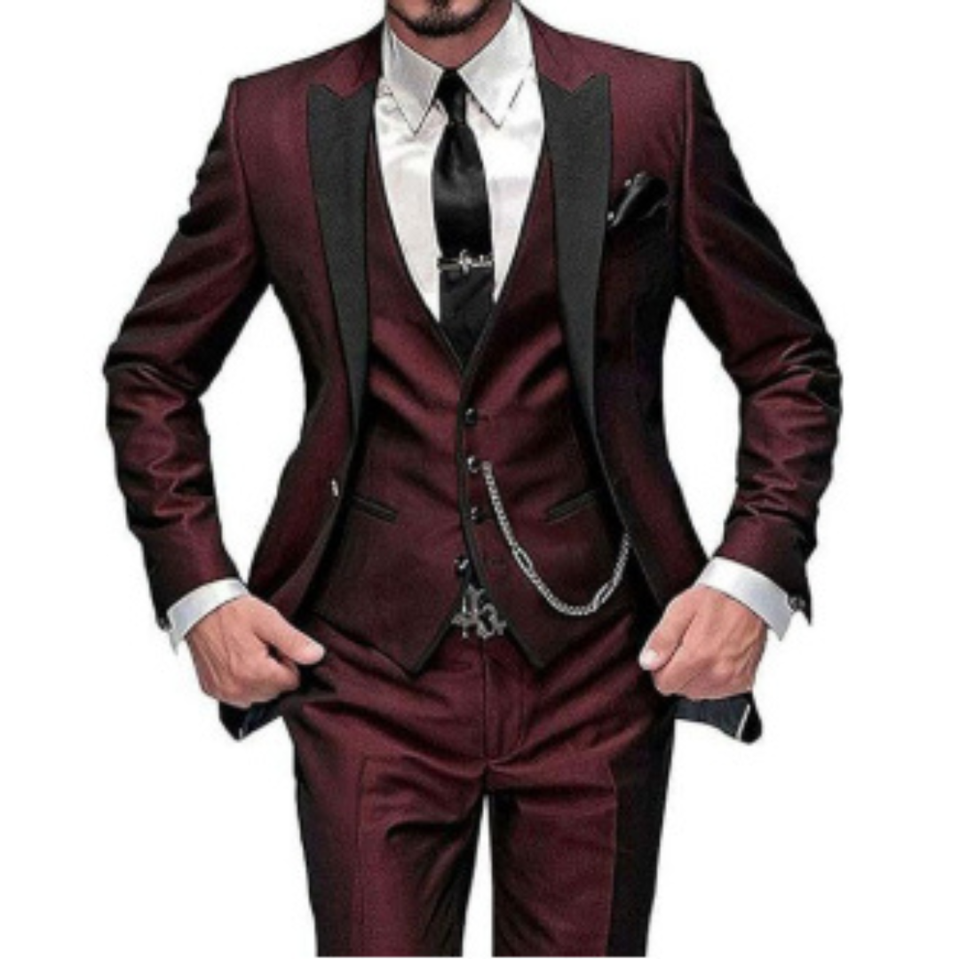 Details van het driedelige herenkostuum, met nadruk op de hoogwaardige afwerking.