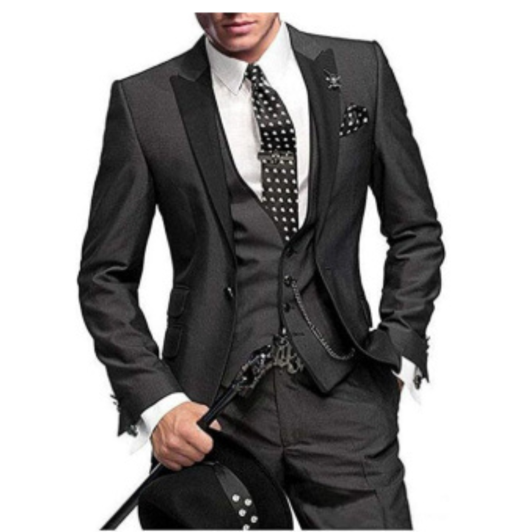 Stijlvol driedelig herenkostuum, geschikt voor diverse formele evenementen.