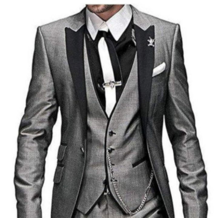 Close-up van de stof en textuur van het driedelige herenkostuum.