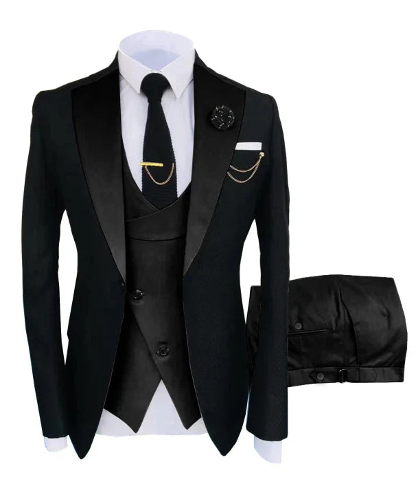 Driedelig heren trouwpak, blazer, vest, broek, elegant gesneden, ideaal voor formele gelegenheden, luxe uitstraling