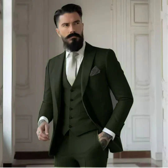 Driedelig Slim Fit Trouwkostuum voor heren, elegant, in grijs, bestaande uit colbert, pantalon en gilet.