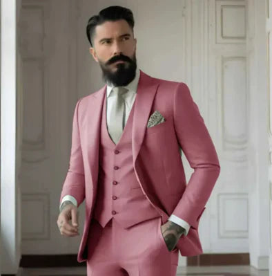 Driedelig Slim Fit Trouwkostuum voor heren, elegant, in grijs, bestaande uit colbert, pantalon en gilet.