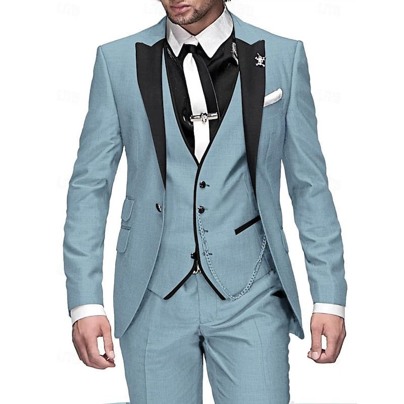 Driedelig linnen herenpak met blazer, vest en broek in een elegant ontwerp, ideaal voor zakelijke en speciale gelegenheden.
