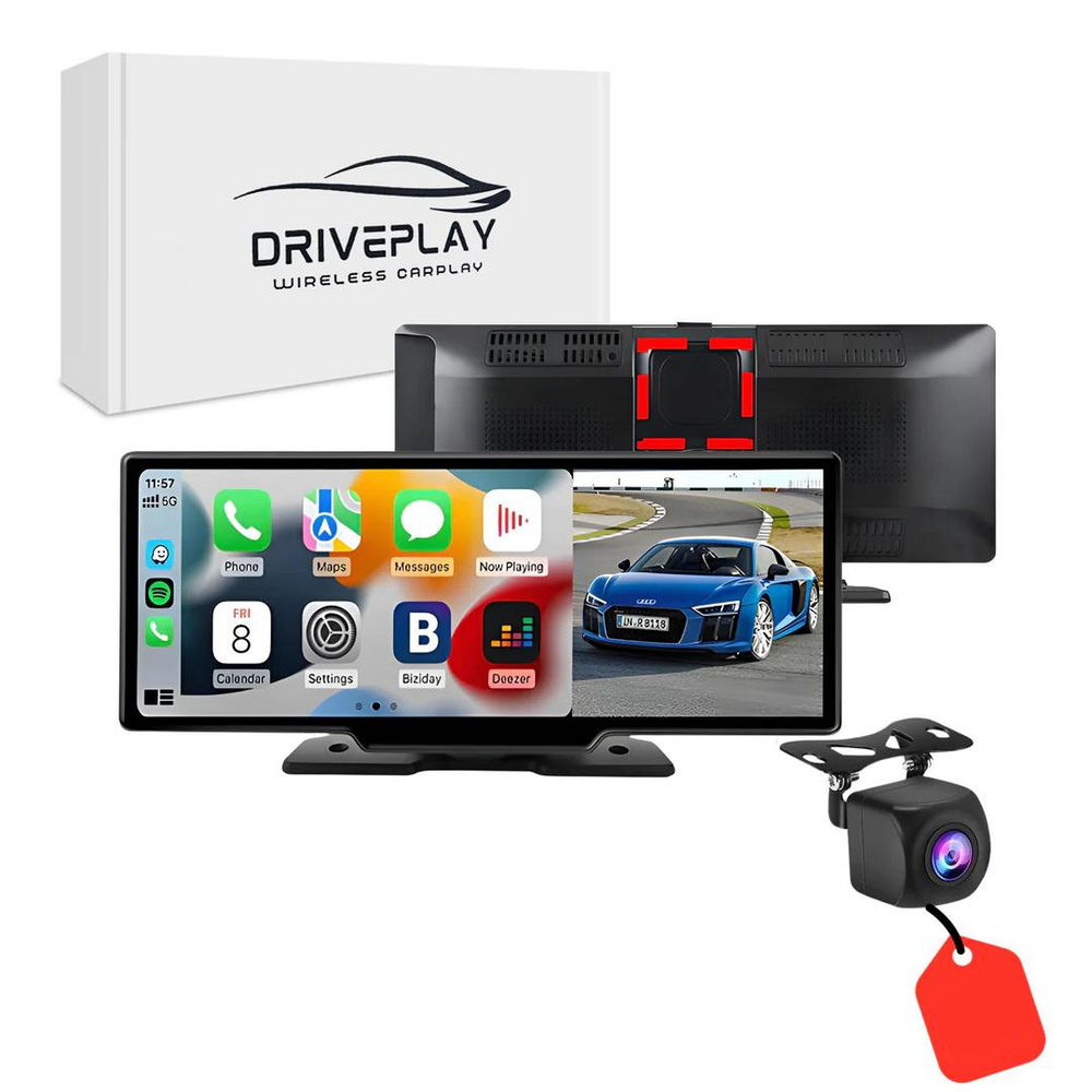 DrivePlay touchscreen autoscherm met CarPlay interface toont navigatie en apps in de auto.