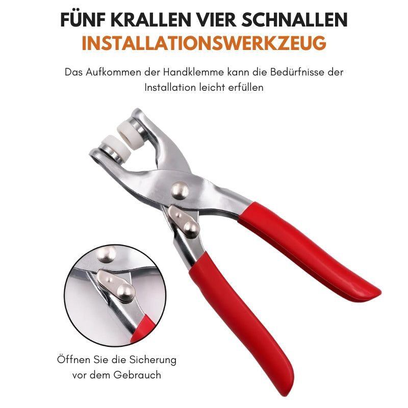 Drukknopset met metalen knopen, rode tang en opbergdoos voor creatieve textielprojecten.