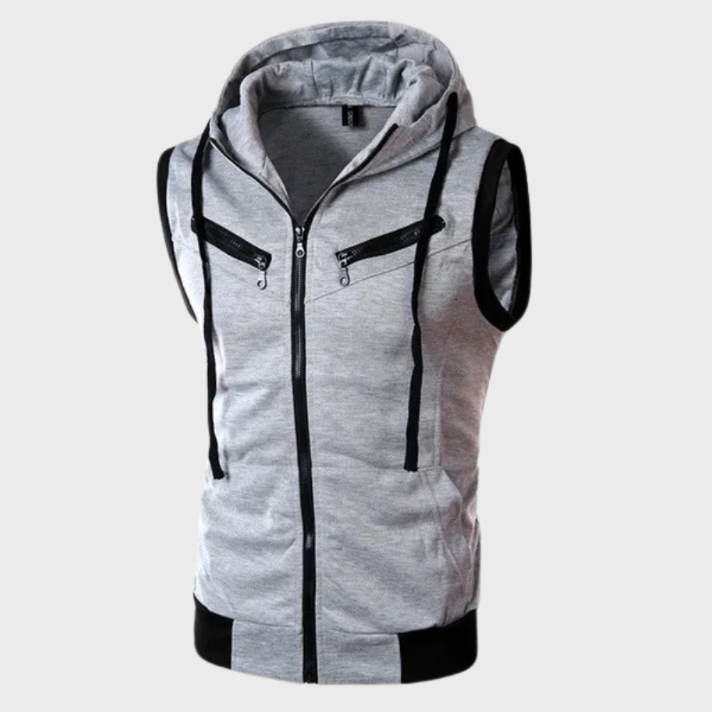 Achterkant van het mouwloze vest voor heren met capuchon in donkergrijs, stijlvol en elegant voor veelzijdige looks.