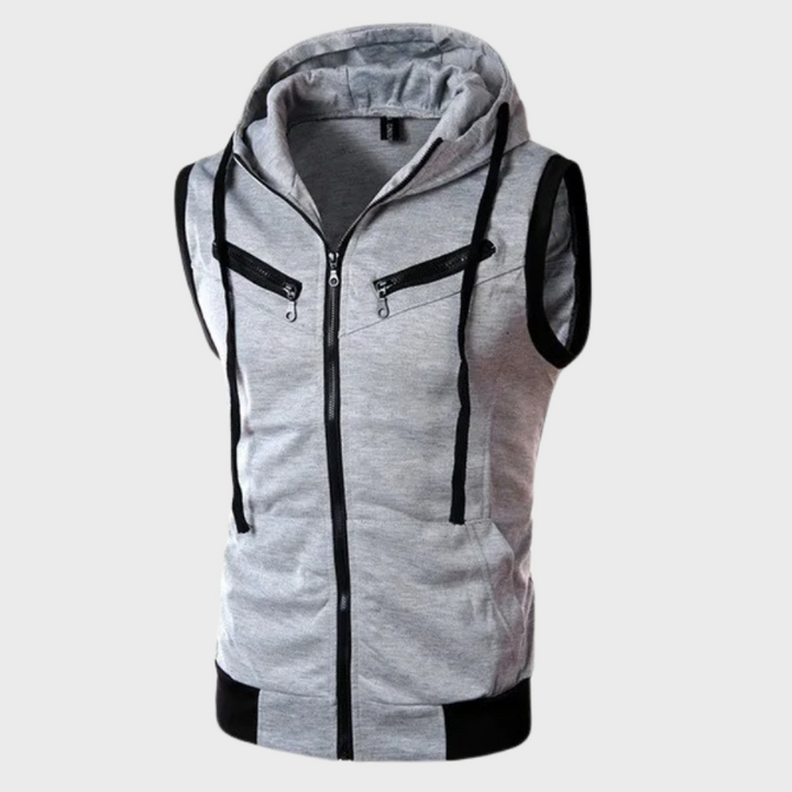 Achterkant van het mouwloze vest voor heren met capuchon in donkergrijs, stijlvol en elegant voor veelzijdige looks.