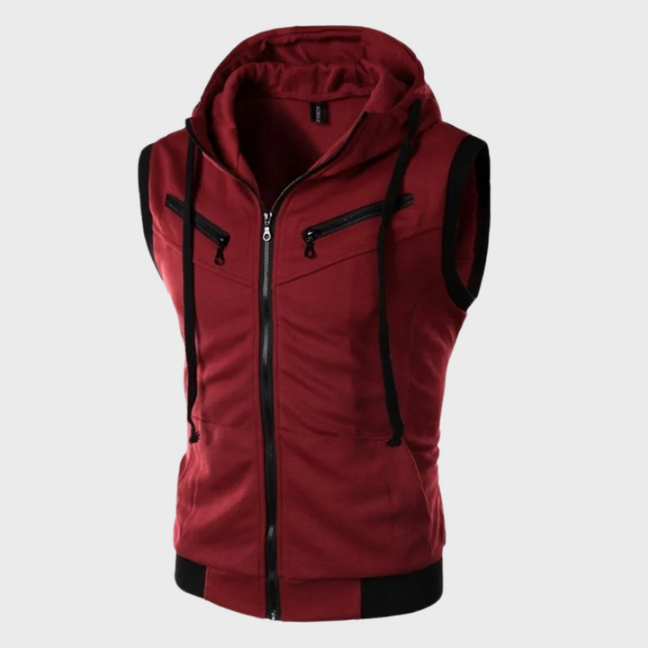 Achterkant van het mouwloze vest voor heren met capuchon in donkergrijs, stijlvol en elegant voor veelzijdige looks.