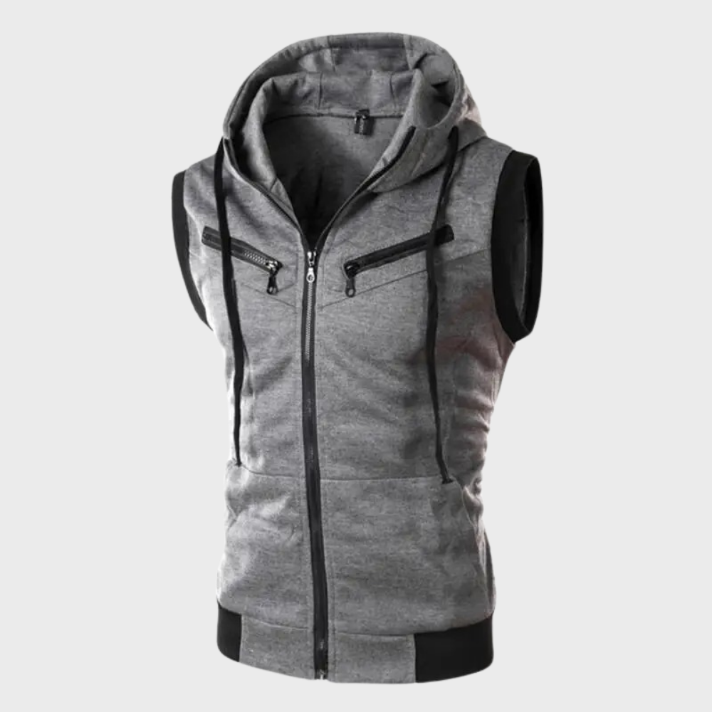 Achterkant van het mouwloze vest voor heren met capuchon in donkergrijs, stijlvol en elegant voor veelzijdige looks.