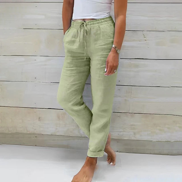 Zomerse dames linnen broek, dun en luchtig, perfect voor een frisse en comfortabele outfit.