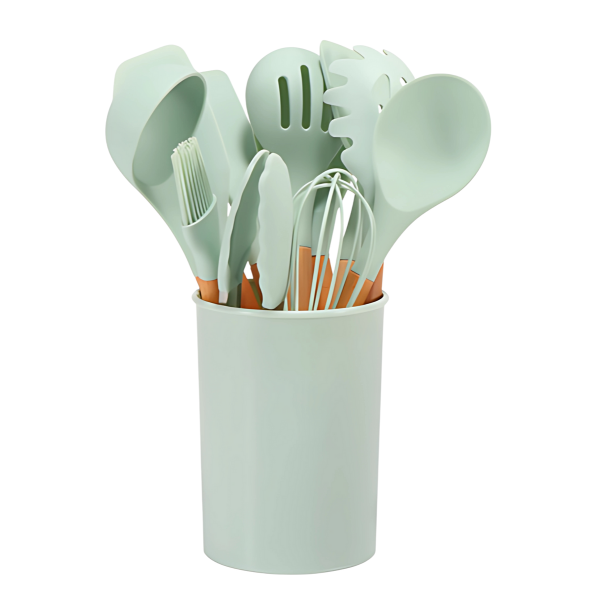 Set van 12 keukengerei voor duurzaam koken, met hittebestendige siliconen en bamboe handvatten.