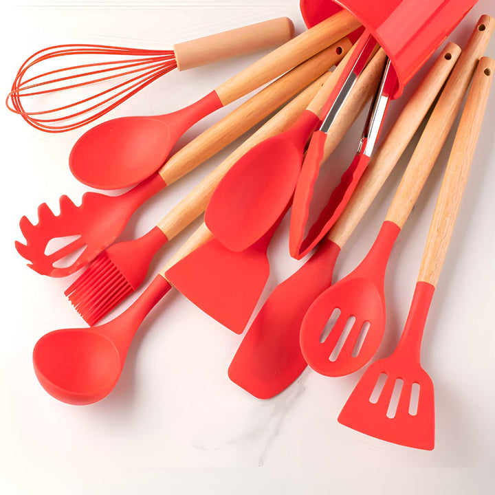 Ecologische kookgerei set met anti-aanbak siliconen en natuurlijke bamboe; perfect voor koken.
