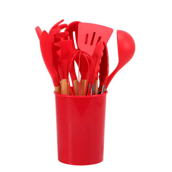Praktische keukenhulp set: 12 siliconen tools met duurzame bamboe handgrepen, ideaal voor elk gerecht.