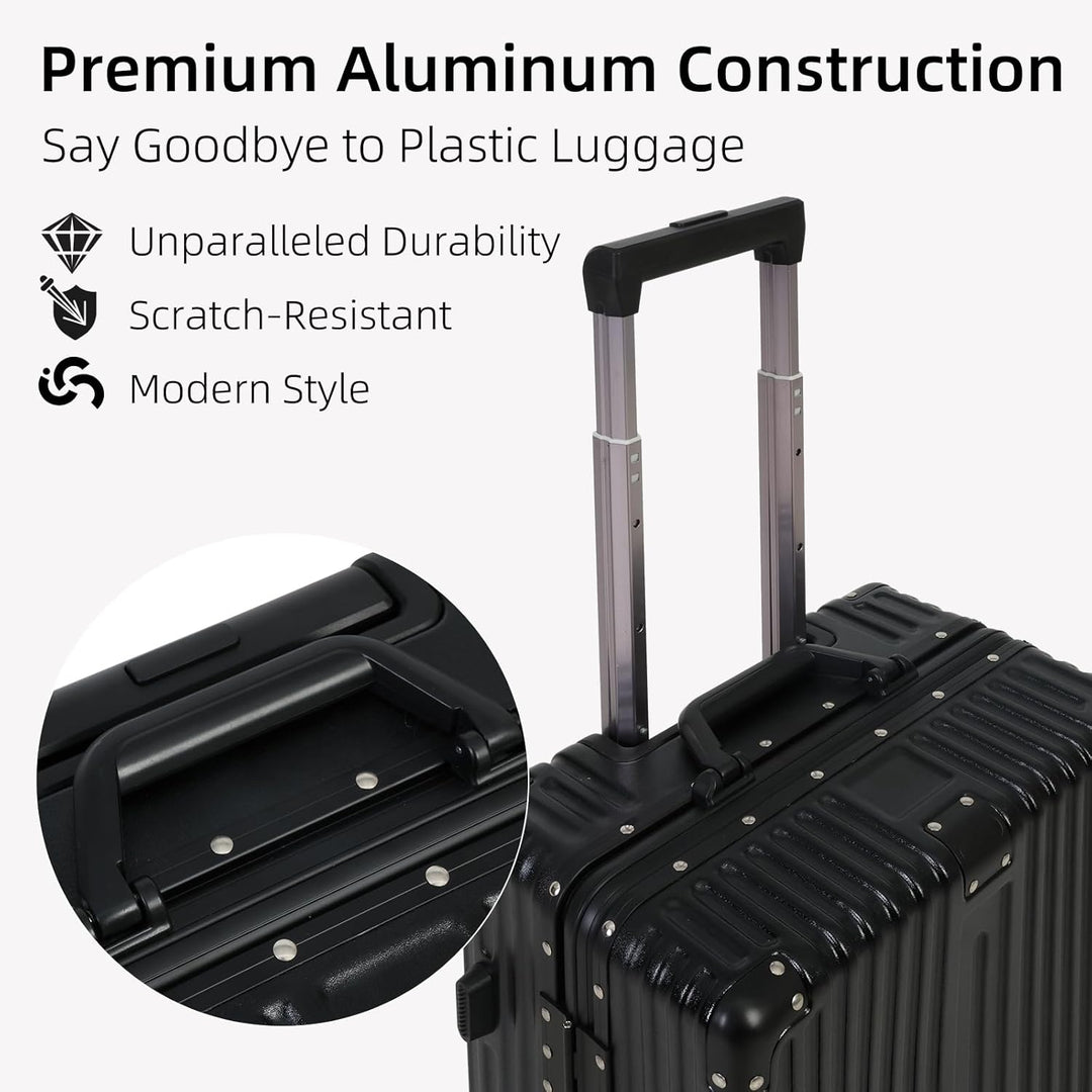 Zwarte handbagage trolley met duurzaam aluminium frame, soepele wielen en geïntegreerd TSA-cijferslot.
