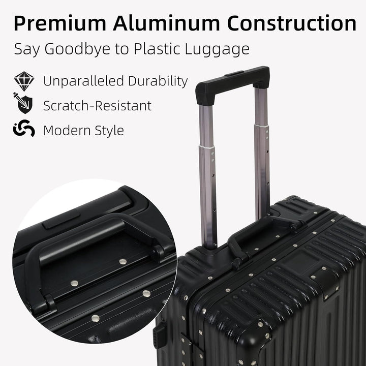 Zwarte handbagage trolley met duurzaam aluminium frame, soepele wielen en geïntegreerd TSA-cijferslot.