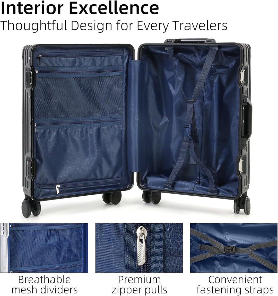 Hoogwaardige handbagagekoffer: aluminium frame, TSA-slot, stille wielen en ruime binnenkant voor je spullen.