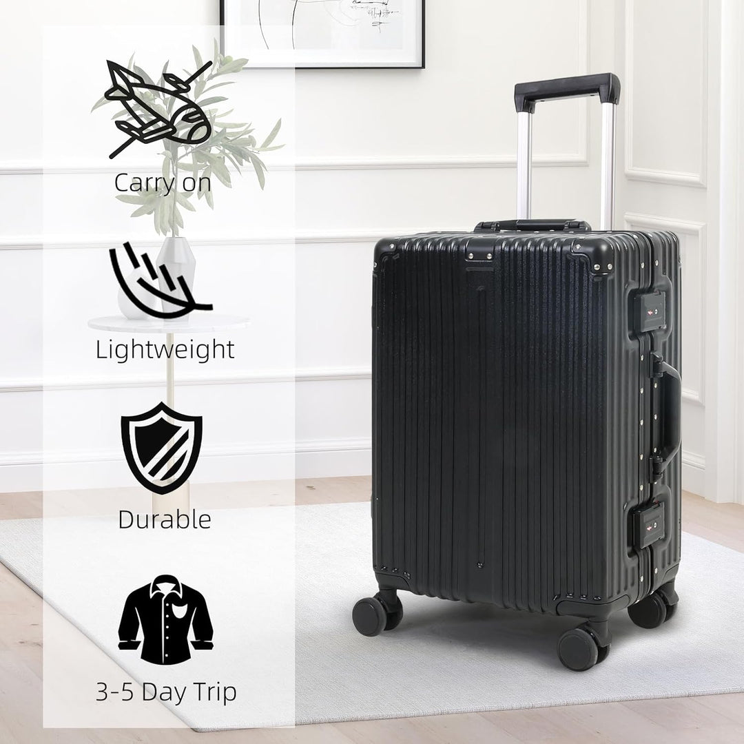 Detailopname van het aluminium frame en het TSA-slot van de duurzame handbagage trolley.