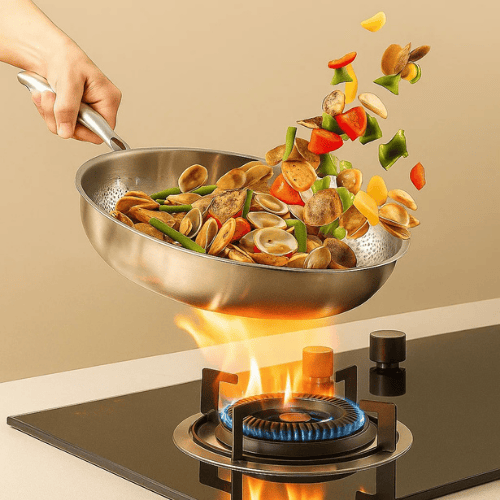 Robuuste roestvrijstalen koekenpan zonder schadelijke coating, ideaal voor gezond koken op alle kookplaten.