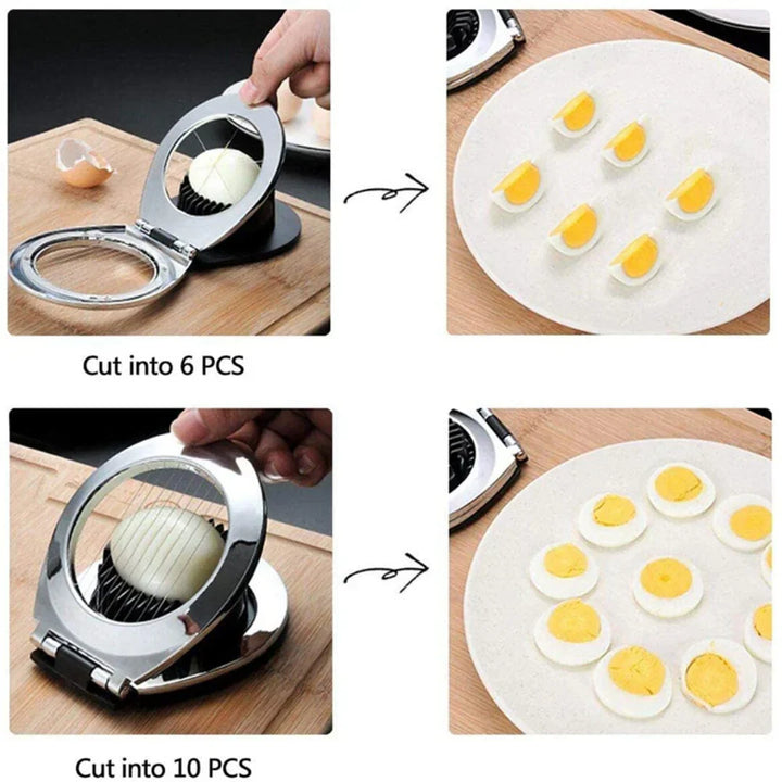 Roestvrijstalen eiersnijder 3-in-1, perfect voor plakjes, partjes en blokjes, met robuust ontwerp en scherpe messen.