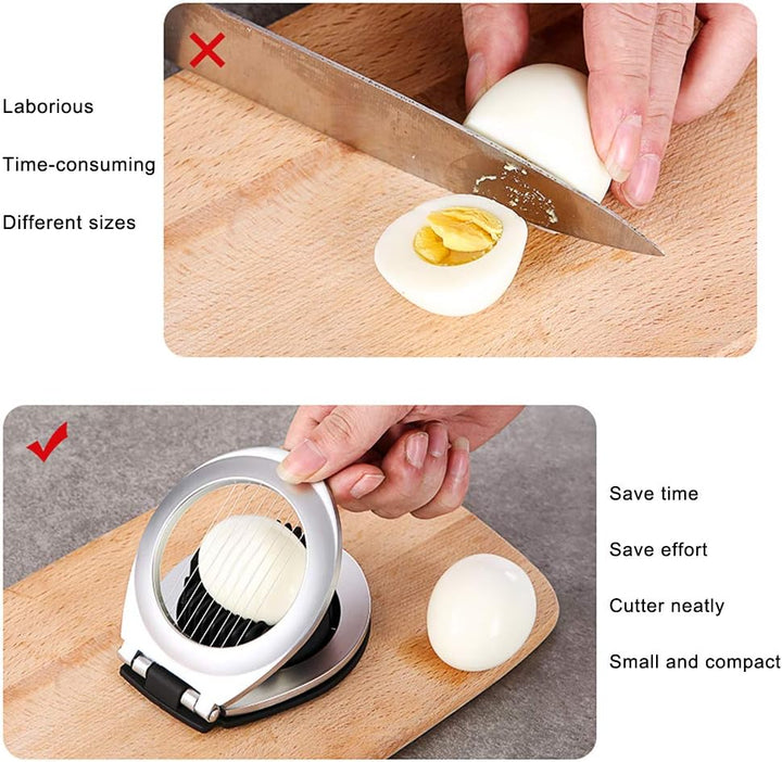 Roestvrijstalen eiersnijder 3-in-1, perfect voor plakjes, partjes en blokjes, met robuust ontwerp en scherpe messen.
