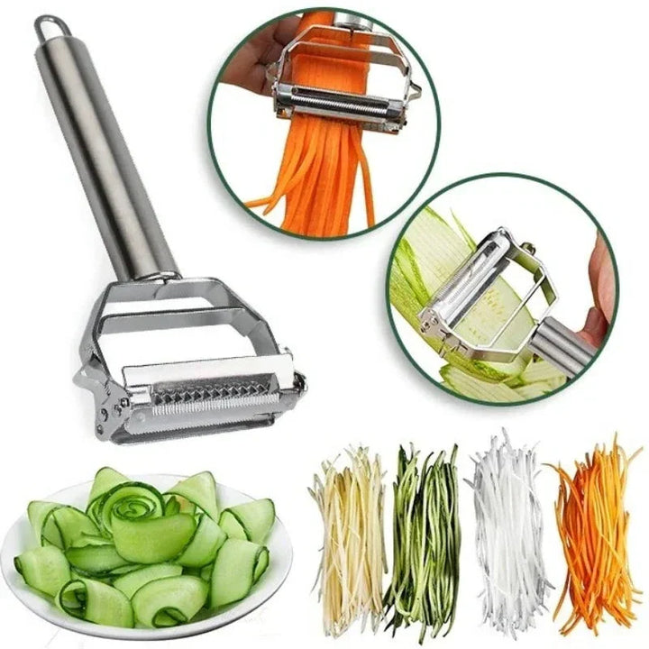Roestvrijstalen groenteschaaf met twee scherpe messen, perfect voor julienne en fijne plakjes, ergonomisch ontwerp, zilver.