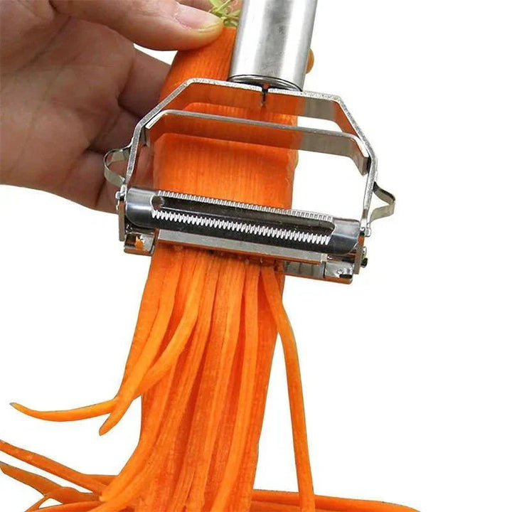 Roestvrijstalen groenteschaaf met twee scherpe messen, perfect voor julienne en fijne plakjes, ergonomisch ontwerp, zilver.