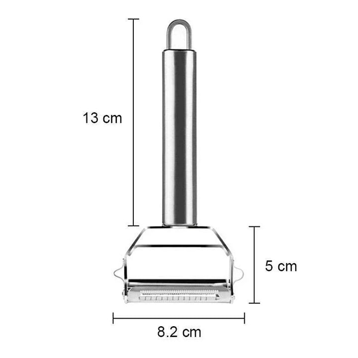 Roestvrijstalen groenteschaaf met twee scherpe messen, perfect voor julienne en fijne plakjes, ergonomisch ontwerp, zilver.