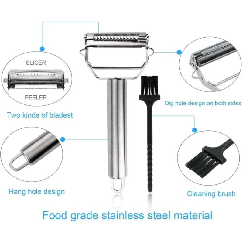 Roestvrijstalen groenteschaaf met twee scherpe messen, perfect voor julienne en fijne plakjes, ergonomisch ontwerp, zilver.