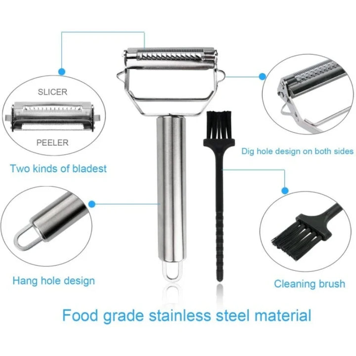 Roestvrijstalen groenteschaaf met twee scherpe messen, perfect voor julienne en fijne plakjes, ergonomisch ontwerp, zilver.