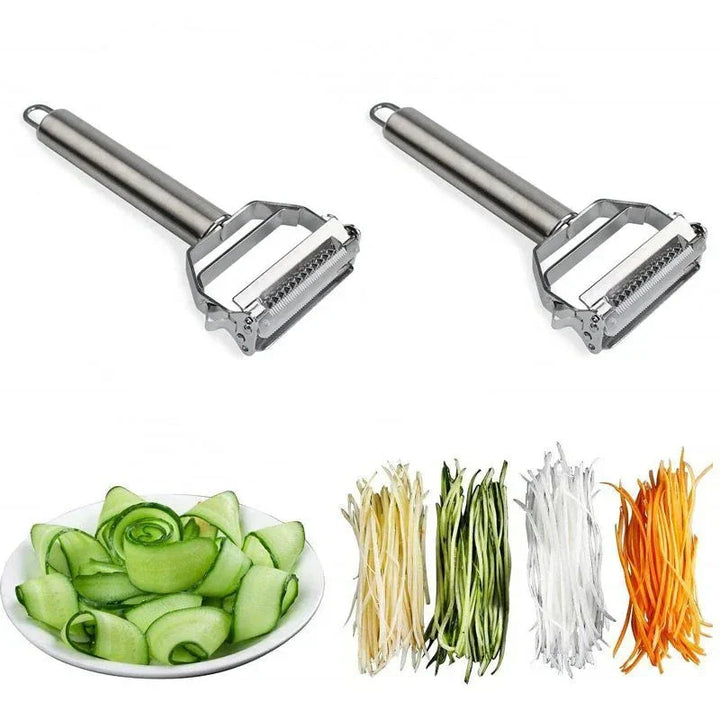 Roestvrijstalen groenteschaaf met twee scherpe messen, perfect voor julienne en fijne plakjes, ergonomisch ontwerp, zilver.