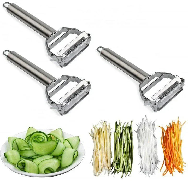 Roestvrijstalen groenteschaaf met twee scherpe messen, perfect voor julienne en fijne plakjes, ergonomisch ontwerp, zilver.