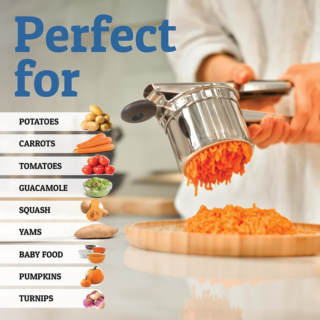 RVS aardappelpers met antislip siliconen handgrepen en grote mand voor gelijkmatige puree, in ergonomisch ontwerp.