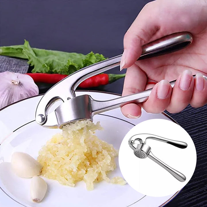 Roestvrijstalen knoflookpers met ergonomisch ontwerp, ideaal voor het persen van knoflook en gember, vaatwasmachinebestendig.