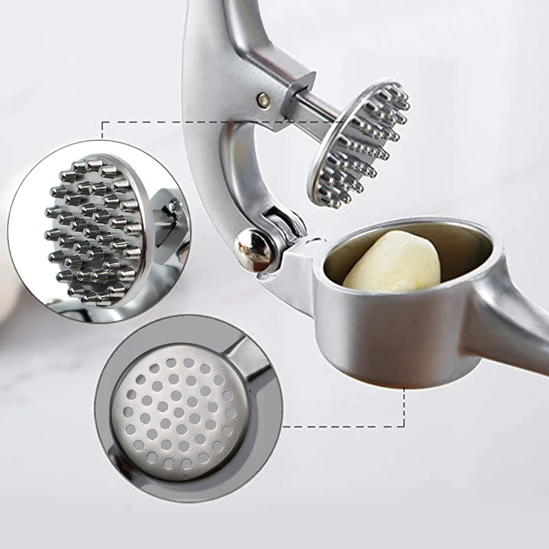 Roestvrijstalen knoflookpers met ergonomisch ontwerp, ideaal voor het persen van knoflook en gember, vaatwasmachinebestendig.