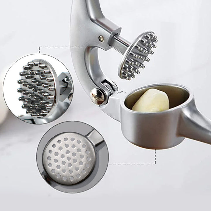 Roestvrijstalen knoflookpers met ergonomisch ontwerp, ideaal voor het persen van knoflook en gember, vaatwasmachinebestendig.