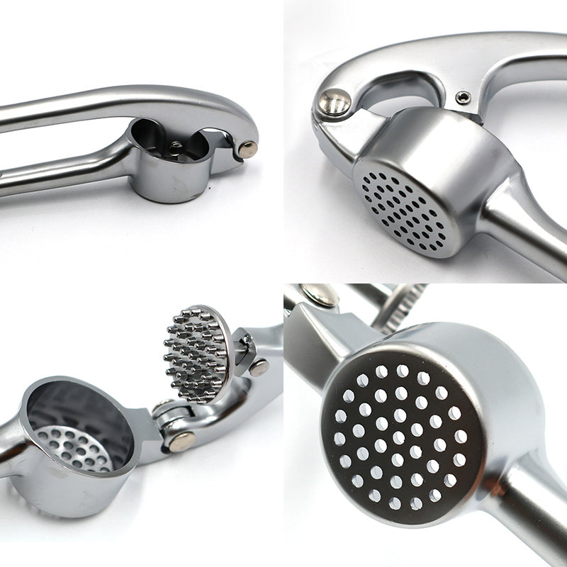 Roestvrijstalen knoflookpers met ergonomisch ontwerp, ideaal voor het persen van knoflook en gember, vaatwasmachinebestendig.