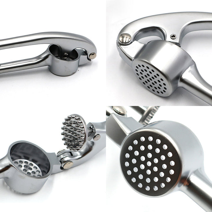 Roestvrijstalen knoflookpers met ergonomisch ontwerp, ideaal voor het persen van knoflook en gember, vaatwasmachinebestendig.
